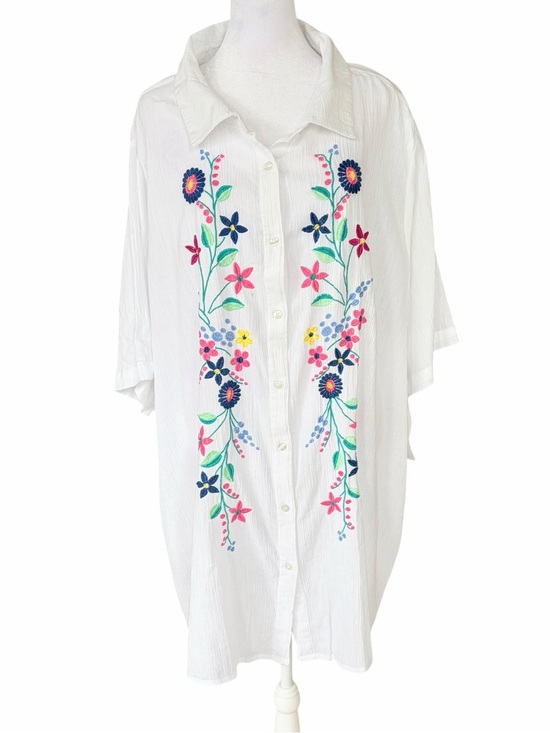 Woman Within Tops - Woman Within White Button-Front Shirt with Multicolor Floral Embroidery